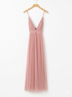 Blush Pink Spaghetti Strap Tulle Maxi Dress